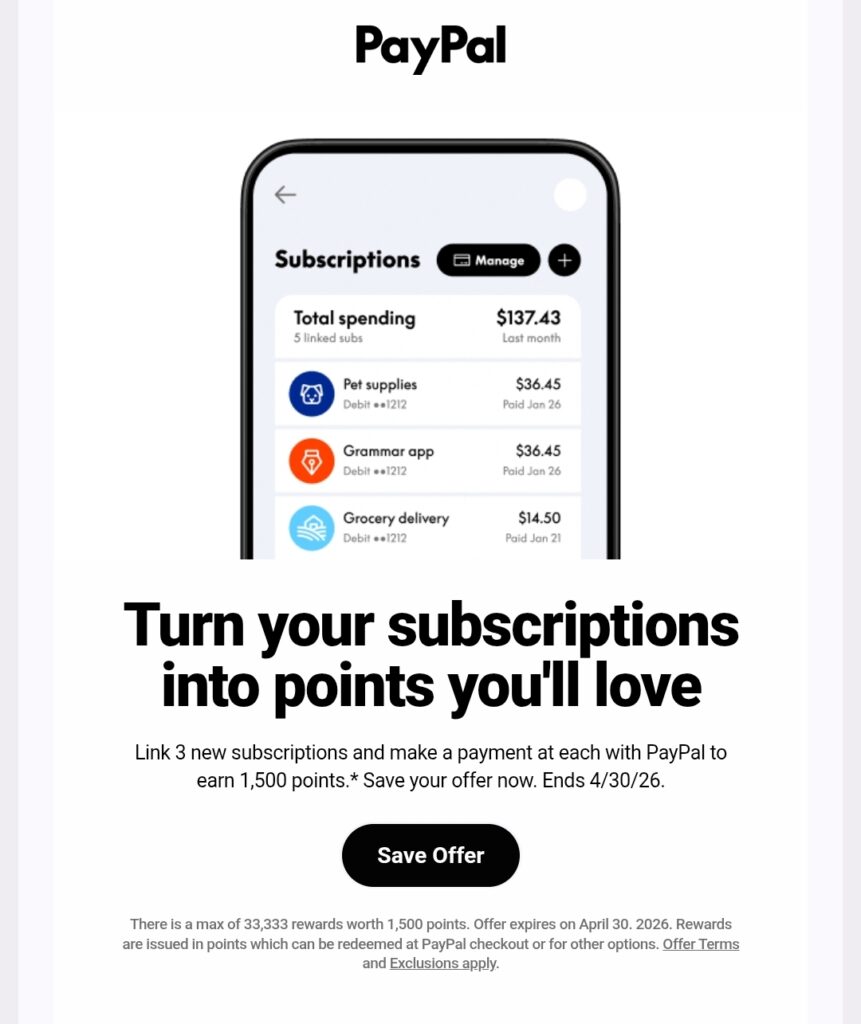 PayPal subscription offer promotion