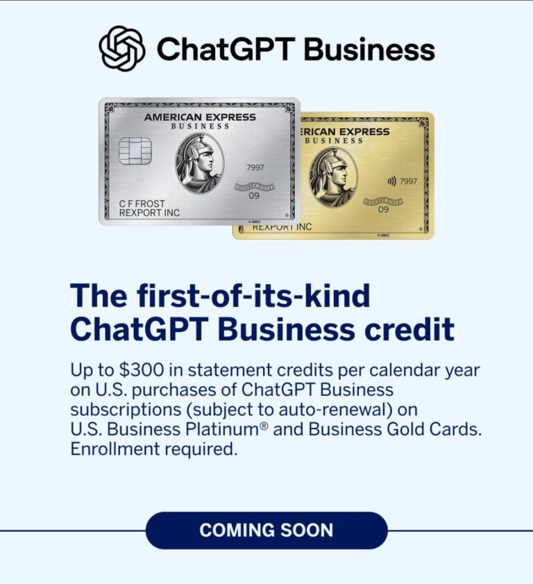 Amex Business Platinum & Gold to Add $300 ChatGPT Business Credit