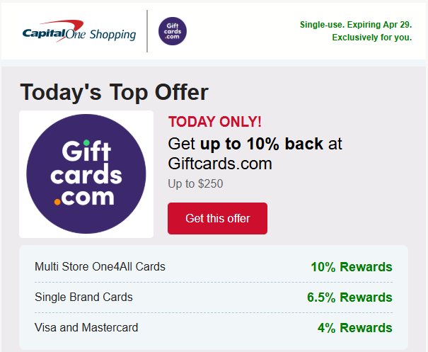 Capital One Offers & Shopping: Earn Up to 10X on Giftcards.com Purchases