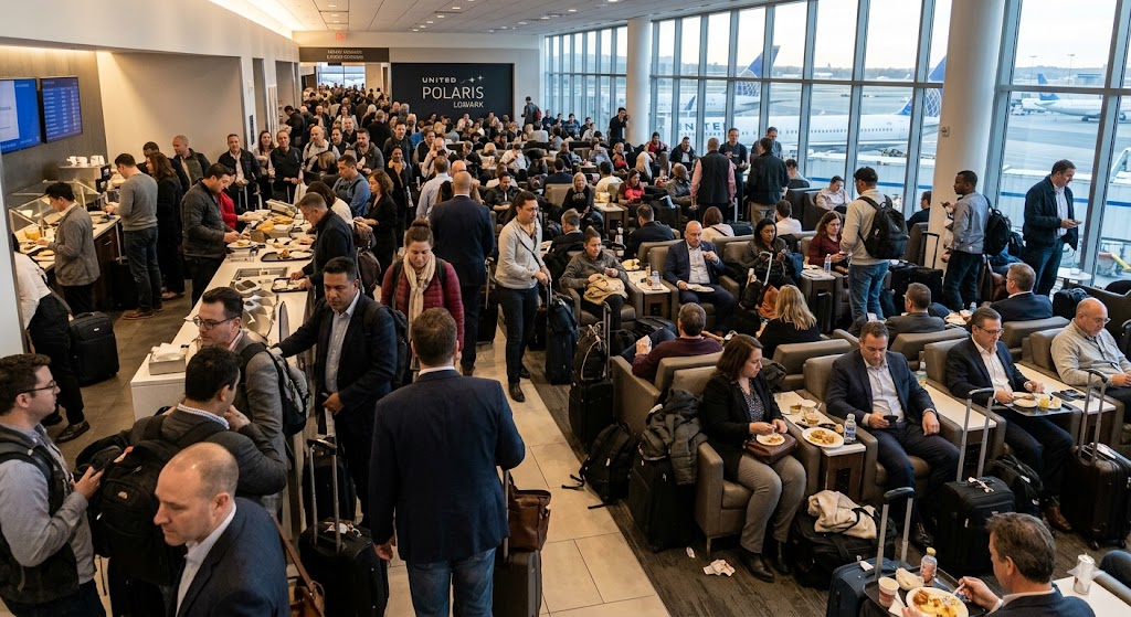 Crowded airport lounge filled with travelers.
