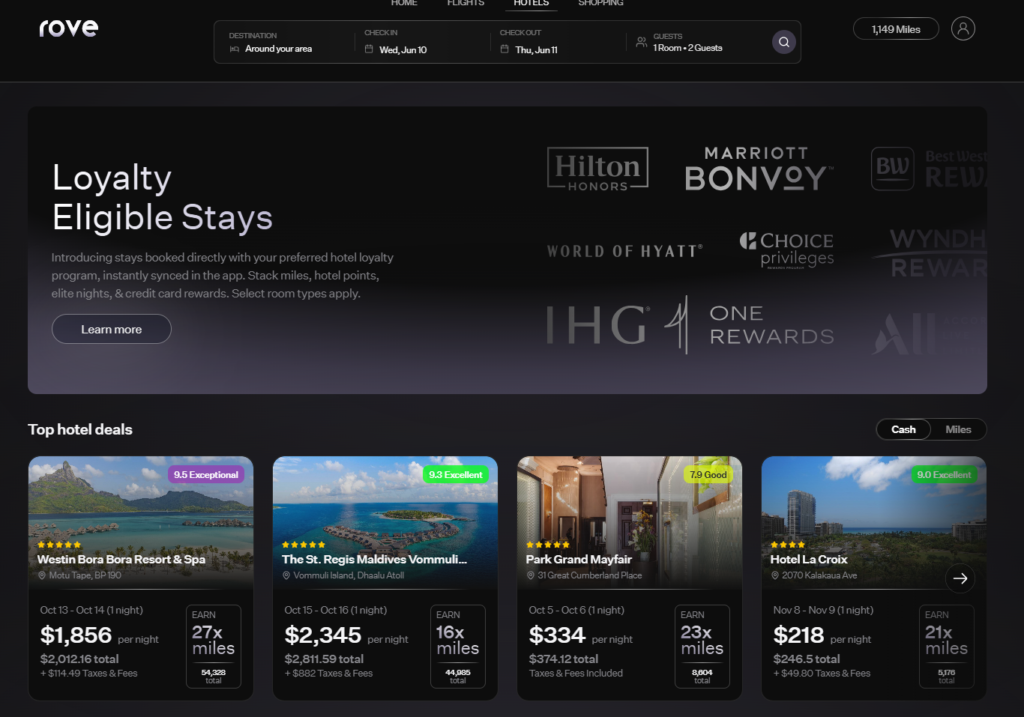 Earn on hotels Booked with Rove
